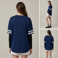 T-shirt surdimensionné pour femme, style maillot de football, col en V, manches rayées en maille, bleu roi, style Blokecore Streetwear, vente en gros