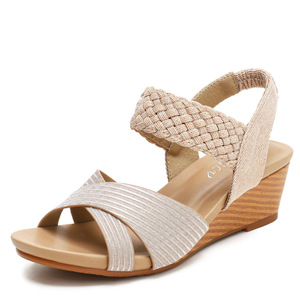 Sandales compensées élégantes pour femmes, à bout ouvert, en textile respirant, talon bas, style à enfiler pour l'été - Product Image 1