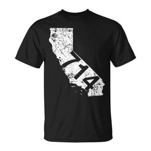 Camiseta con el código de área 714 de California, negra, unisex, cuello redondo, manga corta, diseño promocional - Product Image 1