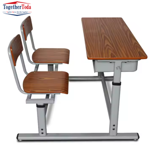 Ensemble chaise et bureau double réglable en hauteur avec rangement sous le bureau en bois pour salles de classe et centres de formation - Product Image 2