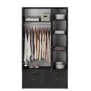 Walk In Hanging Rail Clothes Shelves Wood 3 Doors 4 Drawers Wardrobe Storage Closet