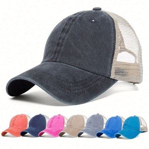 Wholesale Outdoor <b>Sunscreen</b> Worn-out Breathable Mesh Solid Vintage Style Cotton Women's High Top Hat Ponytail Baseball Cap - Product Image 1