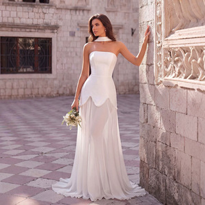 Elegante Vestido <span class=keywords><strong>de</strong></span> Novia Blanco con Cuello Halter y Adorno <span class=keywords><strong>de</strong></span> Perlas, Vestido <span class=keywords><strong>de</strong></span> Novia Sencillo para <span class=keywords><strong>Boda</strong></span> <span class=keywords><strong>Civil</strong></span> - Product Image 4