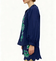 Ensemble ethnique pour femmes, chemise à manches bouffantes brodée avec broderie florale, short à volants, ensemble décontracté bohème pour se détendre