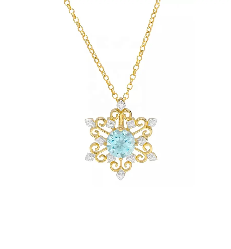 Necklaces Factory Wholesale Blue Topaz Snowflake 18" Pendant Necklace in 925 Sterling Silver   14k Gold-Plate Jewelry for Women