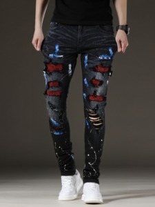 Grosir jins pria berlian imitasi hitam <span class=keywords><strong>Fashion</strong></span> kualitas tinggi Stack produsen Cina robek ramping pas celana berlian rusak
