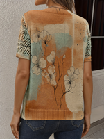 Pull en maille à motif floral abstrait pour femme, collection été 2026, col en V, manches courtes, imprimé aquarelle, 100 % polyester, vert sauge et orange