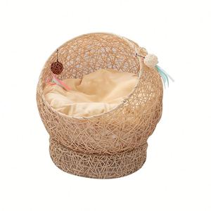 Breathable Woven Rattan <b>Egg</b> Cat Bed Cozy Semi Enclosed Pet Shelter With Cushion and <b>Toys</b> for Indoor Household Cats - Product Image 5