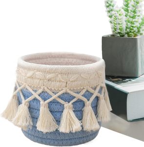 Panier de rangement en <span class=keywords><strong>corde</strong></span> de coton bicolore, petit organisateur tissé en macramé avec franges pour la chambre de bébé, le bureau, les articles divers et les outils de maquillage - Product Image 5