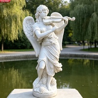 Statue d'ange en marbre blanc sculptée à la main YOUFINE, jouant du violon, ange musical ailé, sculpture en pierre pour ornement de jardin
