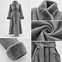 Manteau long en mélange de laine pour femme avec garniture en fausse fourrure, ceinture, manches longues, couleur unie, vêtement d'extérieur élégant pour l'hiver