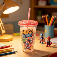 Gobelet en plastique pour enfants, super-héros de dessin animé, avec couvercle et paille, sans BPA, réutilisable, transparent, cadeau pour fête d'anniversaire