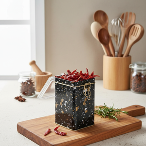 Kontensan ER0431H Terrazzo Black 75x100x150mm Metal Storage <b>Tin</b> with Wire Clasp and Transparent Lid Herb & <b>Spice</b> Tools - Product Image 3
