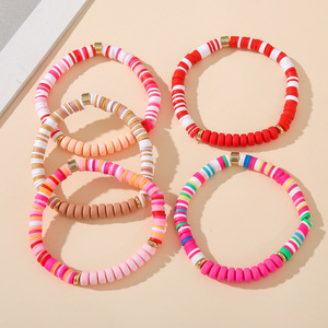 Colorful Polymer Clay <b>Bracelets</b> Women's Bohemian Style Elastic <b>Rope</b> Beach Jewelry 5 Piece Pack - Product Image 2