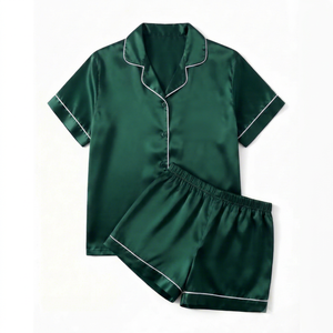 Conjunto de Pijama de Satén para Mujer, Manga Corta, Color Sólido, Cierre de Botones, Cuello Camisero, Suave, Clásico, Ropa de Dormir de Verano - Product Image 1