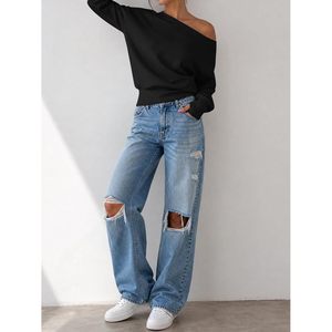 Custom Womens Off Shoulder Sweatshirt <b>Crop</b> <b>Top</b> Oversized <b>Long</b> <b>Sleeve</b> Workout Shirt Cinched Waist Breathable Knitted Fabric - Product Image 5
