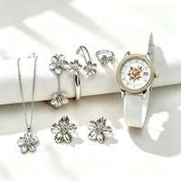 Set Jam Tangan Wanita 6 in 1 Set Perhiasan Bunga Jam Tangan Quartz 30mm Bulat Kalender Tali Silikon Casing Alloy Grosir