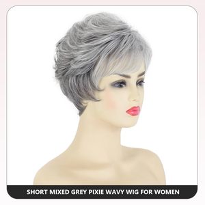 Perruques courtes grises pour femmes blanches, coupe pixie, perruques grises avec <span class=keywords><strong>frange</strong></span>, <span class=keywords><strong>cheveux</strong></span> synthétiques bouclés naturels, perruque courte mixte blanche - Product Image 2
