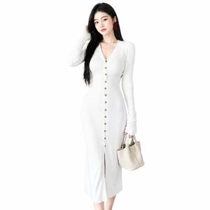 White Knitted Long Sleeve V-Neck Bodycon Midi Sweater <b>Dress</b> With Button Front Slit Minimalist Autumn Wear - Product Image 1
