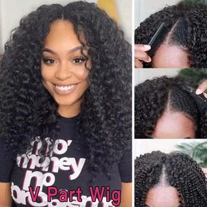 Vente en gros Perruques Deep Curly V Part Cheveux humains No Leave Out No Glue Brésilienne 100% Perruques de cheveux humains pour femmes noires