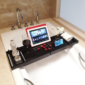 Étagère de bain noire en bambou avec panneau en tissu, support de rangement rétractable pour spa et salle de bain - Product Image 2