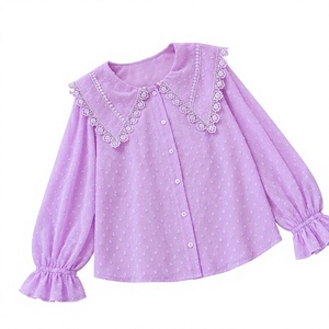 Wholesale Ladies' Pastel Swiss Dot <b>Blouse</b> Floral Lace Trim V Front <b>Long</b> Sleeve Button Closure <b>for</b> Office Wear and Boutique Shops - Product Image 1