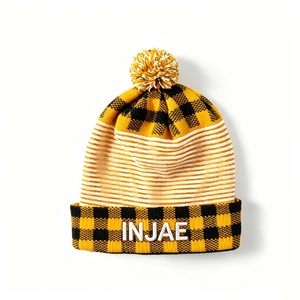Gorro de punto personalizado con logo INJAE, diseño a cuadros, con pompón, para invierno, con ribete, cálido, de acrílico, para hombre y mujer, para actividades al aire libre. - Product Image 2