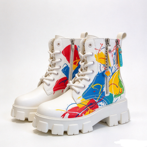 Bottes mi-mollet pour femmes, imprimé peinture colorée, fermeture éclair latérale, lacets, plateforme épaisse - Product Image 5