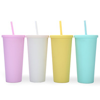 Gobelets à double paroi en acrylique coloré mat solide de 24 oz en plastique réutilisable avec couvercles et pailles à double paroi personnalisés