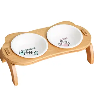 Kinning Novo Premium Elevado Pet Raised Tigelas Dog Cat Alimentador Suporte de madeira com Cerâmica Food Feeding Bowl