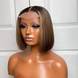 Clj Brazilian Straight 1B/33# Colour Short Bob Closure Wig 4X4 Transparent Glueless Lace Front Human Hair Wigs For Women