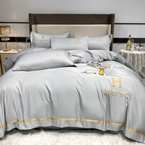 Bộ ga trải giường lụa tơ tằm cao cấp thêu họa tiết, 4 món, thiết kế logo thương hiệu tùy chỉnh, bao gồm ga trải giường fitted. - Product Image 5