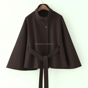Manteau <span class=keywords><strong>Cape</strong></span> en Laine Mélangée Personnalisé OEM pour Femme, Col Montant, Ceinturé, Veste <span class=keywords><strong>Poncho</strong></span> Marron Foncé, <span class=keywords><strong>Cape</strong></span> Courte Élégante, Vêtement d'Hiver - Product Image 5