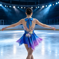 Robe de performance pour filles et enfants, à manches longues, en maille dégradé bleu-violet, avec applique de strass et dos nœud, col en V, pour patinage artistique