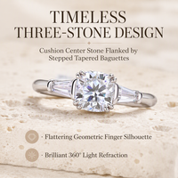 Bague de fiançailles pour femme en argent sterling 925 avec moissanite taille coussin 1 carat et trois pierres en zircone cubique taille baguette conique