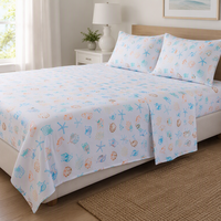 Parure de draps en microfibre 4 pièces à imprimé coquillages marins, drap-housse, drap plat, taie d'oreiller, literie côtière - Points de vente du produit