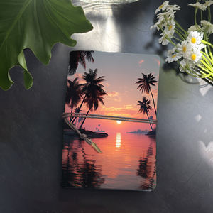 Cadeau d'événement de l'industrie des cahiers faits à la main A6 idéal pour les notes de séminaire et l'analyse des concurrents avec Sun Palm Trees Water Sky Pr - Product Image 1