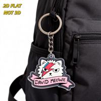 Porte-clés en acrylique David Meowie, chat stylé avec éclair et bannière rose, breloque transparente durable, accessoire amusant style Pop Art