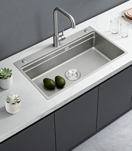 Évier de cuisine double niveau en acier inoxydable SUS304, finition grain de riz et nano-argent, 860x500mm, cuve unique, avec robinet 801 inclus - Product Image 2