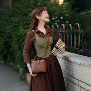 וינטג 'סגנון וינטג פשתן חומה אלגנטיות עם שרוול ארוך עיצוב רטרו ללבוש מדי יום שמלת מקסי נשים - Product Image 4