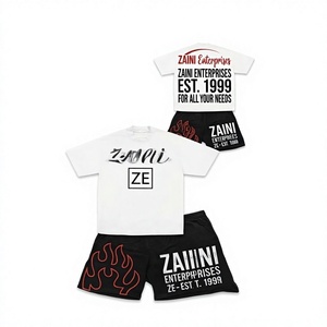 ZAINI 240 GSM Premium 100% Polyester Breathable T Shirt <b>Shorts</b> <b>Set</b> Black Streetwear Oversized Embossed Print Crew Neck Front - Product Image 1