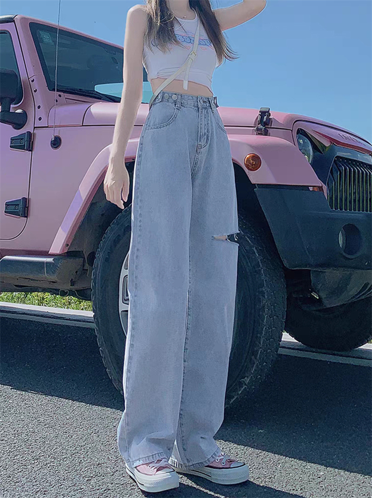 New Arrivals Fashion Loose Light Blue Denim Pants Wide Leg Ripped Jeans For Women