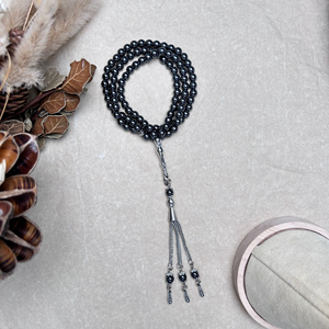 Tasbih en hématite noire, 99 perles, pierre naturelle, chapelet avec pompon, perles de prière islamiques musulmanes pour le culte - Product Image 4