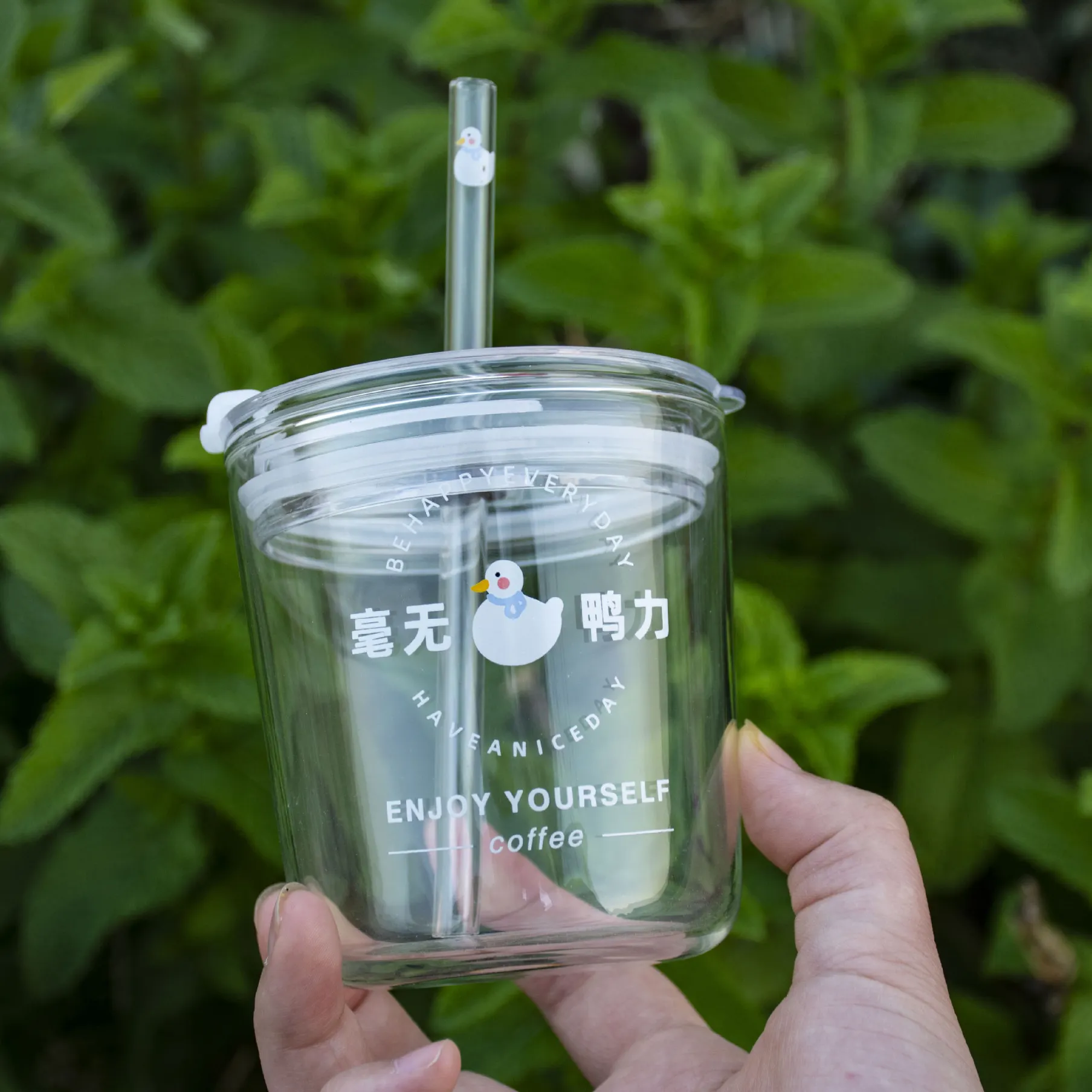 DS2243 투명 유리 물 컵 유리 병 귀리 용기 주스 마시는 컵 빨대와 뚜껑이있는 귀여운 물병