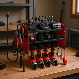 Support pour 4 perceuses, station de charge à 3 niveaux, organisateur de multiprises, panneau perforé latéral pour garage, établi, atelier, armoire à outils - Product Image 2