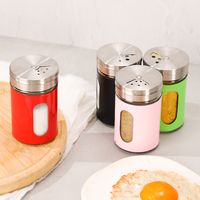 Pot en verre rond de 95 ml avec couvercle résistant aux enfants, couvercle coloré, fenêtre transparente pour le stockage d'épices, de grains de café, de fleurs et de thé