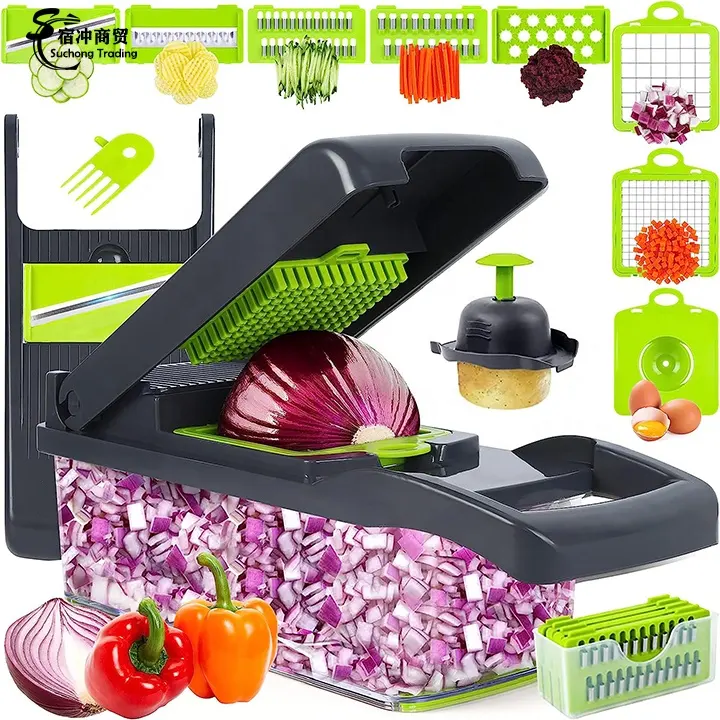 Commercio all'ingrosso utensili da cucina accessori 14 in1 cibo vegetariano taglierina cipolla mandolino multifunzione Set tritacellatrice