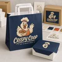 Sacs en papier bleu marine personnalisés avec poignées plates pour poulet frit, restauration rapide, vente à emporter, emballage assorti pour boîtes à poulet, approvisionnement en gros