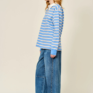 Custom Preppy Loose Casual <strong>Shirt</strong> Long Sleeve Soft Cotton <strong>Polo</strong> <strong>Shirt</strong> <strong>Women</strong> Striped Oversized Drop Shoulder <strong>Polo</strong> Sweatshirt - Product Image 5