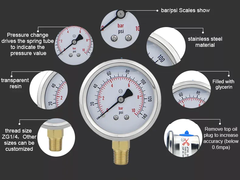 High quality cheap price 2.5" 63mm -1...0...1000bar bottom Glycerine filling hydraulic water gas oil pressure gauges manometer